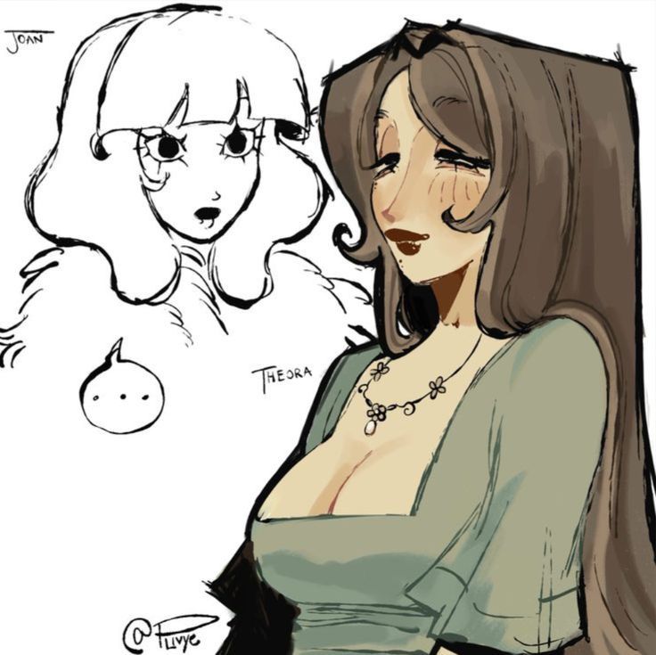the image shows two cartoon women, one named joan and the other named theora. joan is a sketch in the background with a surprised expression and big eyes. theora is in the foreground with a more detailed drawing style, wearing a green dress and a flower necklace. she has long brown hair and a more serene expression.