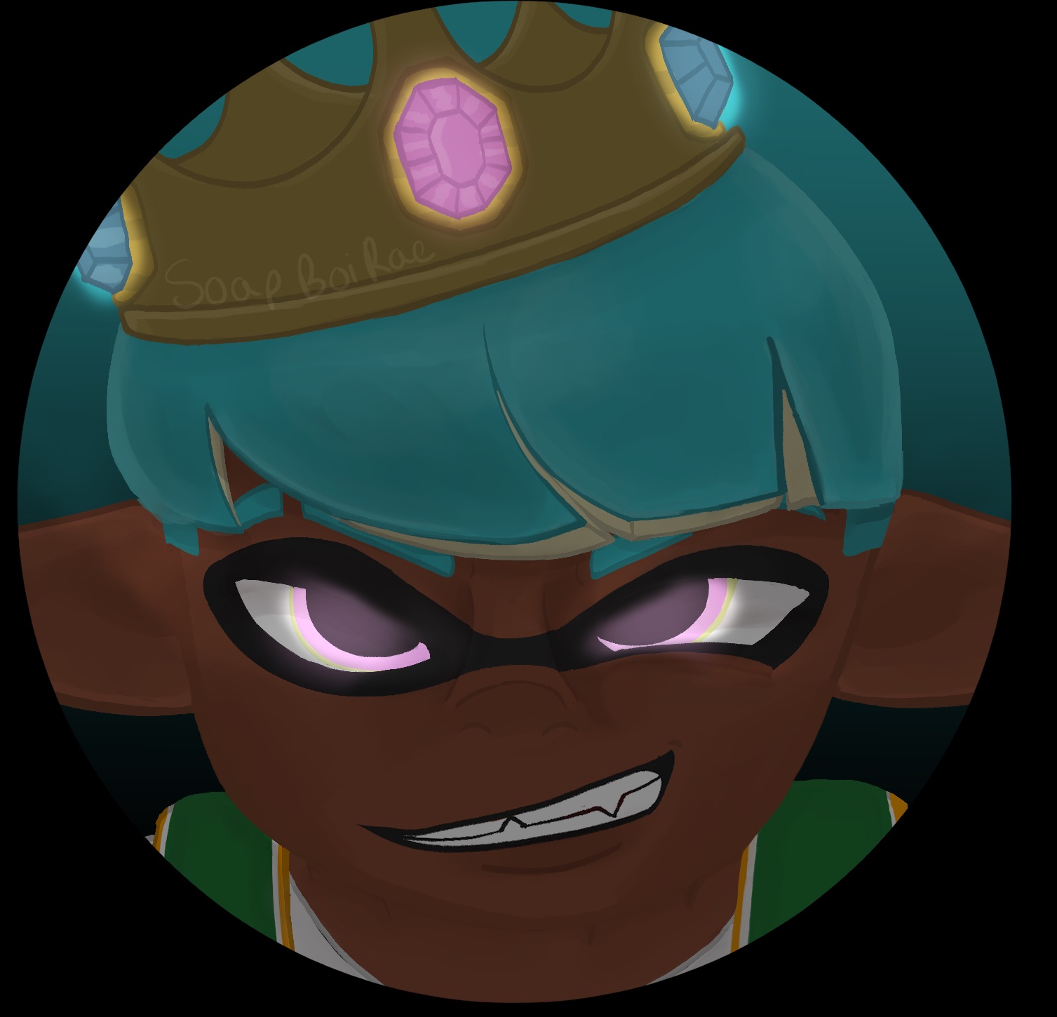 the image is a closeup digital fan art portrait of an inkling, a character type from the splatoon video game series.  the inkling is depicted with teal hair, brown skin, and is wearing a golden crown adorned with purple gems. the inkling has a fierce and determined expression, with narrowed eyes glowing faintly purple. they are wearing a green and white sportsstyle jersey. the background is dark, emphasizing the character's face and expression. the artist's signature, "soapboirae," is subtly visible on the crown. the overall style is cartoonish but with an animeinfluenced feel, conveying a powerful and slightly menacing mood.