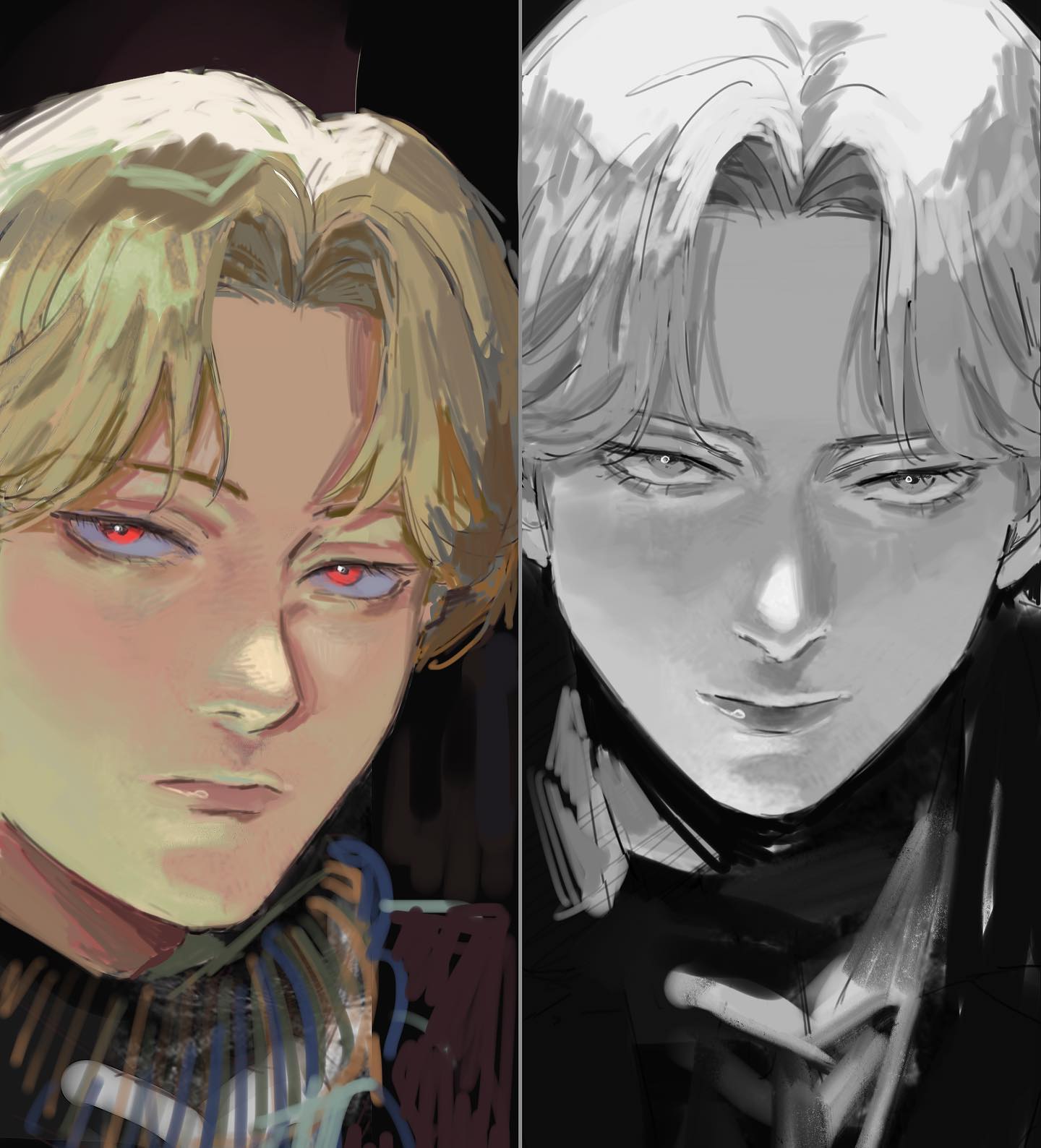 this is a sidebyside digital art piece of a man's portrait. the left side is in color and the right side is in grayscale. the man has blond hair and red eyes, and is dressed in a stylish, darkcolored outfit. he has a serious expression on his face and looks directly at the viewer. the painting style is loose and painterly, with bold strokes and highlights. the man's strong jawline and intense gaze suggest a sense of determination or mystery.
