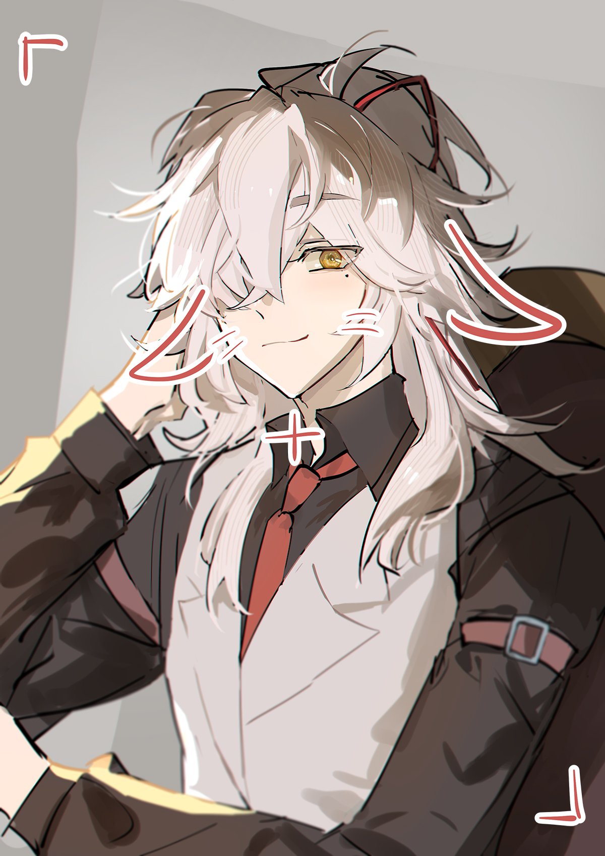 this is a digital illustration of an anime girl with long white hair, wearing a red tie and a white shirt, a brown jacket, and a serious look.  she is smiling and looking at the camera.