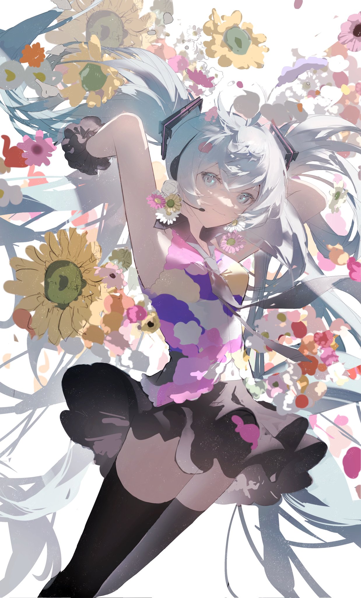 he image is a vibrant digital painting of hatsune miku, a popular vocaloid character. she is depicted with her signature long, teal twintails adorned with flowers.  she's wearing a short, colorful dress with a ruffled skirt, black stockings, and headphones.  miku is dynamically posed, and the overall style is whimsical and magical, with a profusion of various colorful flowers surrounding her. the art style is painterly and slightly abstract, with soft edges and a dreamy atmosphere.