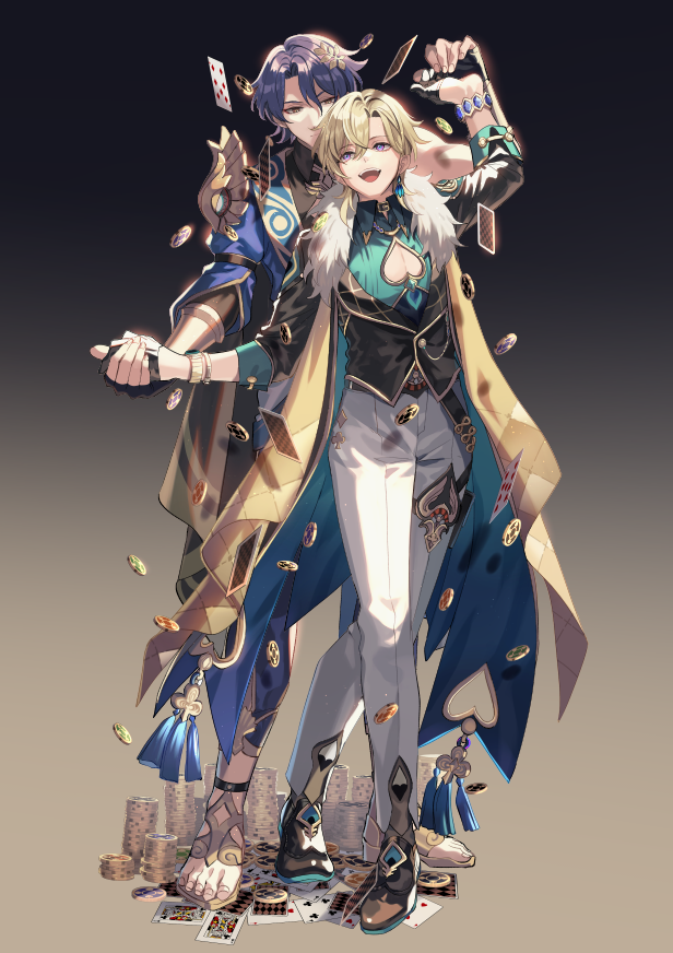 the image shows two anime boys standing in front of a pile of casino chips and playing cards. the boy on the left wears a blue suit with gold accents and a gold sash around his waist. the boy on the right wears a white suit with a gold and blue coat on top. the boy on the right has a confident expression and a slight smile as he looks toward the viewer. the boy on the left is looking to the side. both boys are wearing blue bracelets on their wrists. they are both surrounded by chips and playing cards which are scattered all over the floor.  the image appears to be a playful and whimsical scene that celebrates the excitement of gambling.