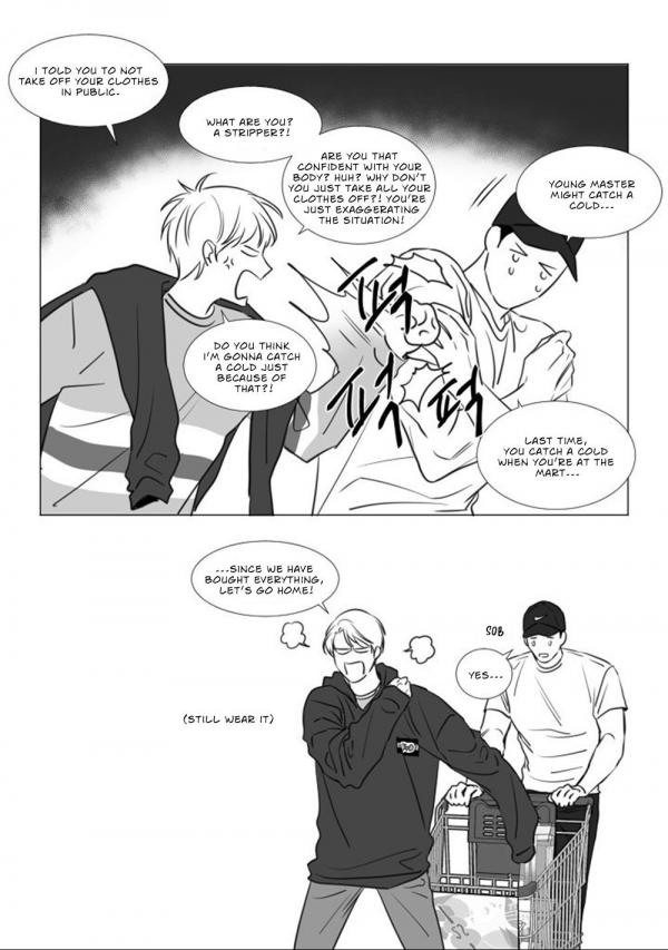he image is a panel from a manhwa (korean webtoon) or manga, depicting a scene of two young men in a shopping mart. one man is partially undressed, and the other is scolding him for taking off his clothes in public. there is a conversation between them showing their concern for each other.  the art style is monochrome, creating a dramatic and emotional effect. the overall tone is a mix of lightheartedness and concern.  another two men are shown in the next panel, seemingly involved in the same scenario but further along.