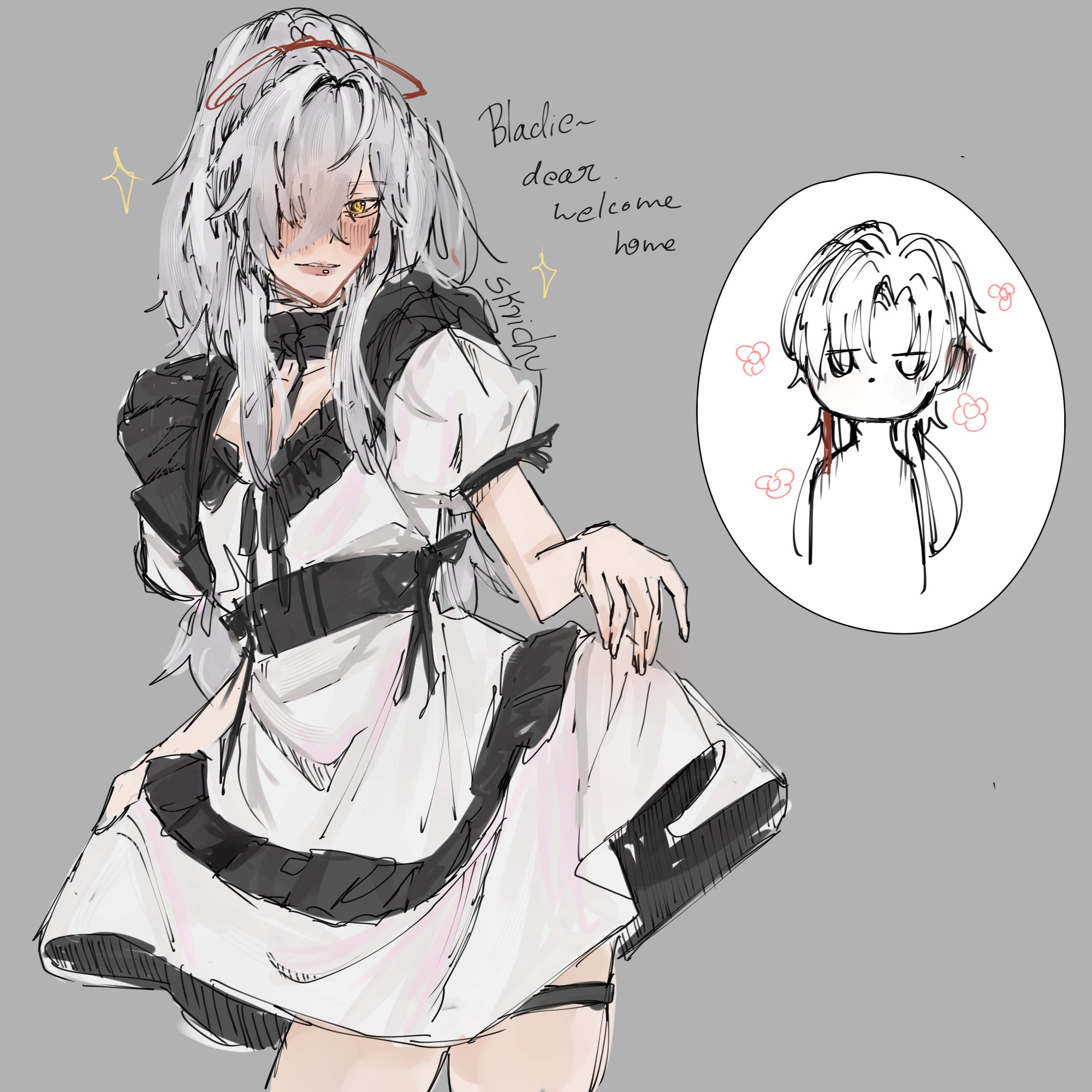 this is a digital drawing of an anime girl in a maid outfit. the girl has long, white hair, and a red ribbon in her hair, and she is wearing a white dress with black trimmings and a black ribbon. she's blushing and seems to be looking at someone out of frame. there is a small, white circle on the right side of the image showing a character with silver hair looking at the main character. the words "bladie, dear, welcome home, snichu" are written on the left side of the image.