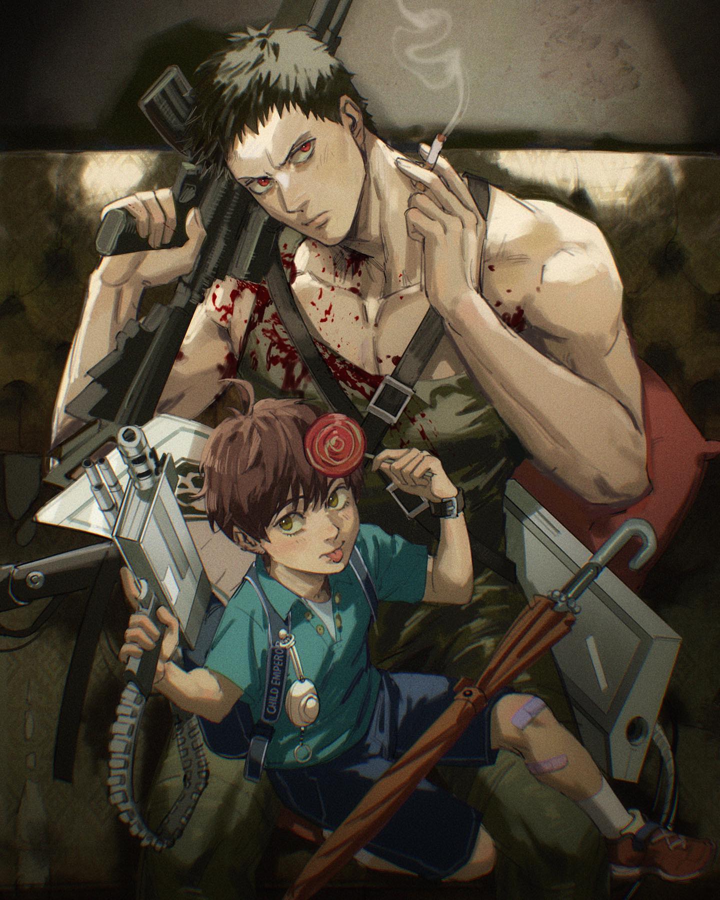 the image showcases a muscular, heavily scarred man and a young boy in a dimly lit, likely indoor environment. the man, bearing a stern expression and a cigarette dangling from his lips, holds a large, bloody gun. his attire and demeanor suggest experience with combat and violence. he is positioned slightly behind the boy, creating a sense of protection. the boy, clutching a peculiar device, exudes an air of innocent curiosity. both figures are dressed in worn clothing and carry various tools and weapons, hinting at a postapocalyptic setting where survival is paramount. the scene evokes a sense of danger and uncertainty, yet also highlights the bond between protector and ward in a harsh world.