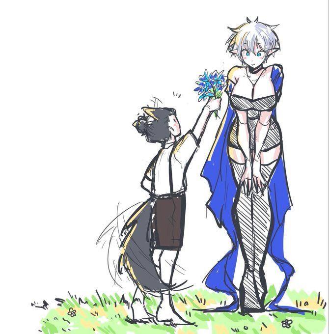 the image is a whimsical digital drawing or sketch in anime/manga style. it depicts a tall, slender female character with elflike features, wearing a blue cape and a black bodice, receiving a bouquet of blue flowers from a much shorter, boyish character who appears to be anthropomorphic with a doglike tail. the scene is set outdoors in a grassy area, creating a lighthearted and slightly romantic atmosphere. the art style is loose and sketchy, emphasizing expressive lines rather than precise details.