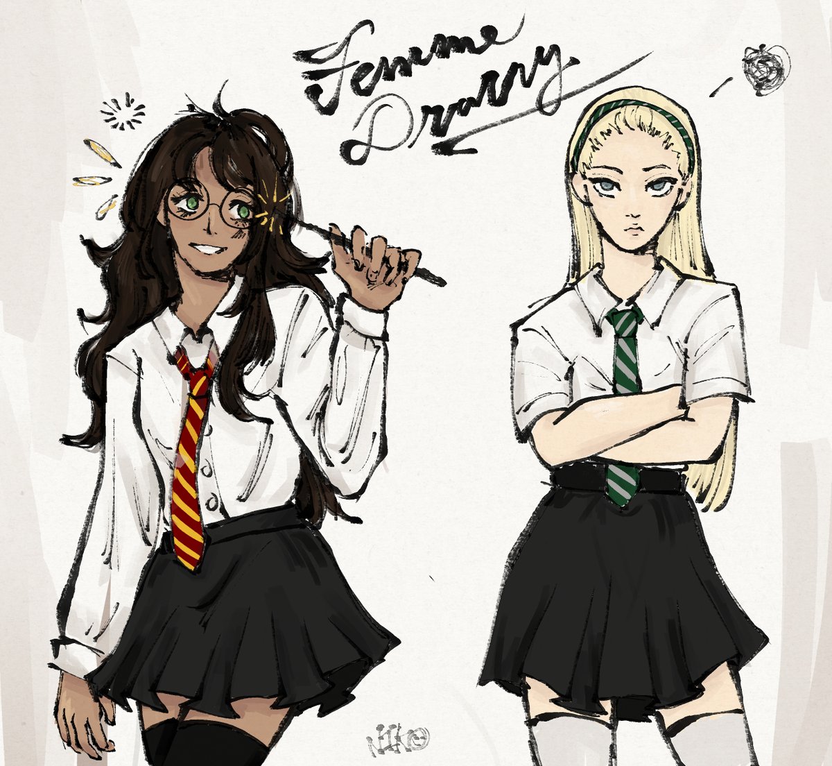 the image is a digital drawing or fanart depicting two female characters in harry potteresque school uniforms. one girl has long brown hair, glasses, and is wearing a gryffindor tie, while the other has long blonde hair and is wearing a slytherin tie.  they are both presented in a stylized anime/manga style. the art style is loose and expressive, with visible brushstrokes. the background is simple and offwhite. the title "femme drawry" is written across the top. one girl playfully holds a wand, indicating a magical theme. the overall feel is lighthearted and playful.