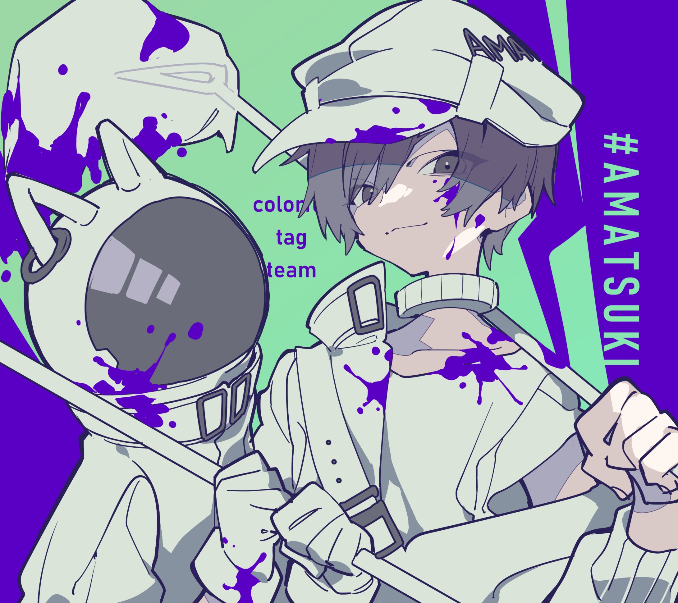the image features a digital illustration of an animestyle boy and a mascot figure, both rendered in a muted color palette dominated by white, purple, and green. the boy is depicted wearing a uniformlike outfit, with a hat bearing the text "ama", and has purple paint splatters on his face and clothing. the mascot figure, positioned to the left of the boy, appears to be wearing an astronaut suit with catlike ears. the words "color tag team" are printed near the figures, while the hashtag "#amatsuki" is prominently displayed on the right. the overall style suggests a blend of modern digital art techniques with anime aesthetics, possibly related to the artist or character named "amatsuki".