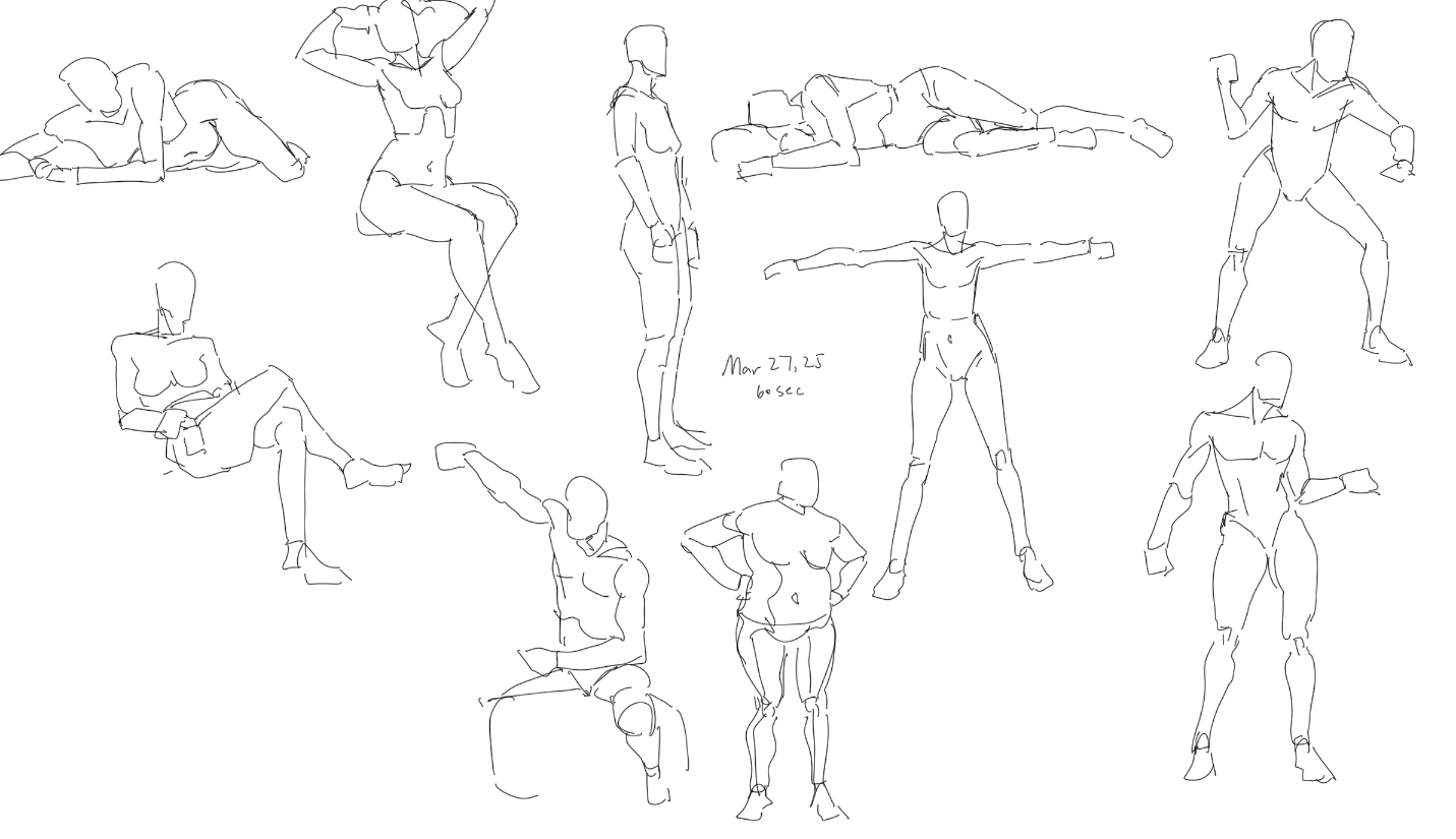 the image is a collection of quick figure drawings, likely completed in 60 seconds each. the sketches depict human figures in a variety of poses: lying down, seated, standing, and gesturing. the line art is minimal, focusing on capturing the essential forms and gestures of the body in different positions. the figures are simplified, emphasizing proportions and overall body structure.