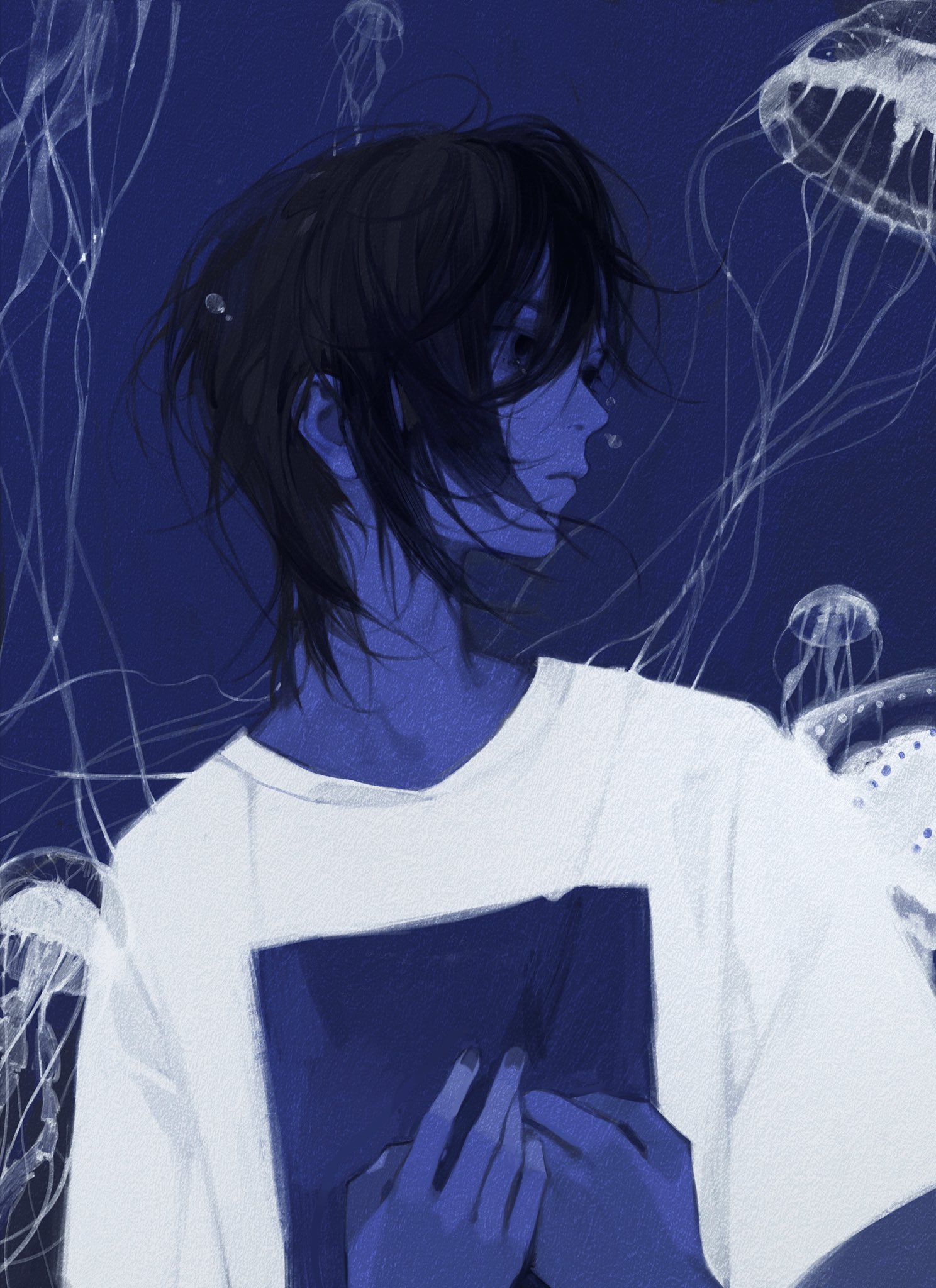 an anime girl with dark hair and a white shirt is holding a book and looking to the right. she appears to be sad. she is surrounded by blue jellyfish.