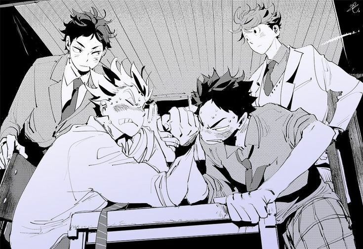 the image depicts a scene from a manga or anime series featuring four teenage boys engaged in an arm wrestling match. two of them are sitting at a table, with their arms locked in a struggle. the other two boys are standing behind them, watching the competition with intensity. all four boys are wearing school uniforms with ties, suggesting that this is a schoolrelated event. the scene is drawn in a black and white style, with a focus on the characters' expressions and actions. the image conveys a sense of excitement and rivalry, as the boys compete for victory. the dialogue bubbles suggest that there is a conversation taking place between the boys, adding to the dynamism of the scene.