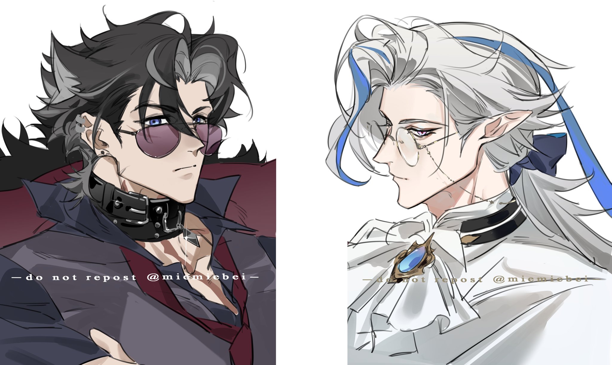this is an illustration of two anime characters standing side by side. the character on the left has black hair and wears sunglasses and a choker. he is wearing a dark suit and red shirt. he has a serious expression. the character on the right has white hair and wears glasses. he is wearing a white suit and a bow tie. he has a relaxed expression. the characters are both handsome and attractive. the illustration is well drawn and shows a contrast between the two characters. the background is white.