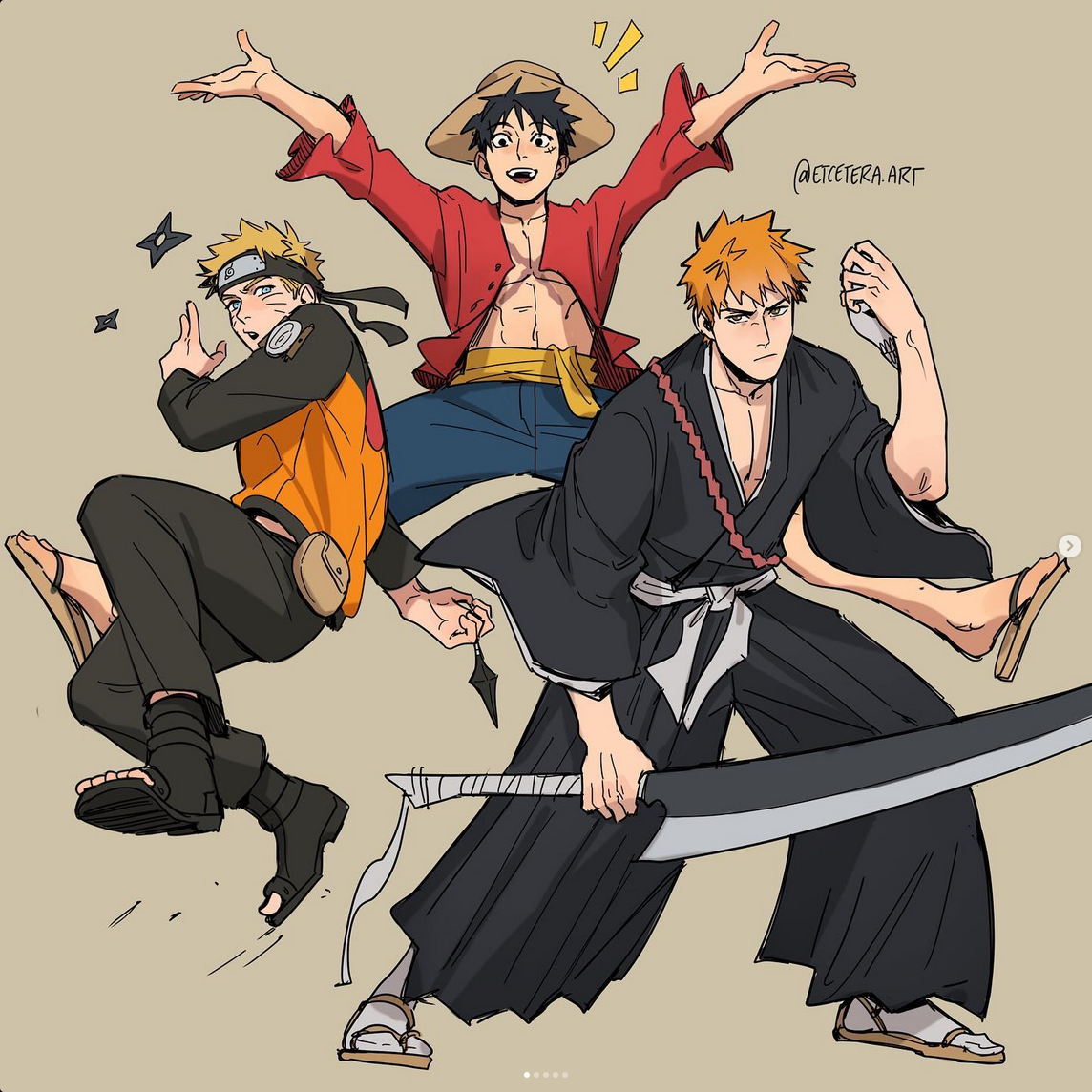 the image showcases a dynamic fan art illustration featuring the "big three" protagonists of shonen jump: naruto uzumaki, monkey d. luffy, and ichigo kurosaki. the art style is a blend of manga and western comic influences. naruto is on the left, midair, throwing kunai with a determined expression.  luffy, in the center, is leaping with joy, his signature straw hat tilted and arms raised. ichigo stands on the right, holding his zanpakuto with a stoic gaze, ready for action. the background is a plain tan color, emphasizing the characters and their energy. the overall feel is energetic and playful, celebrating the iconic status of these characters.