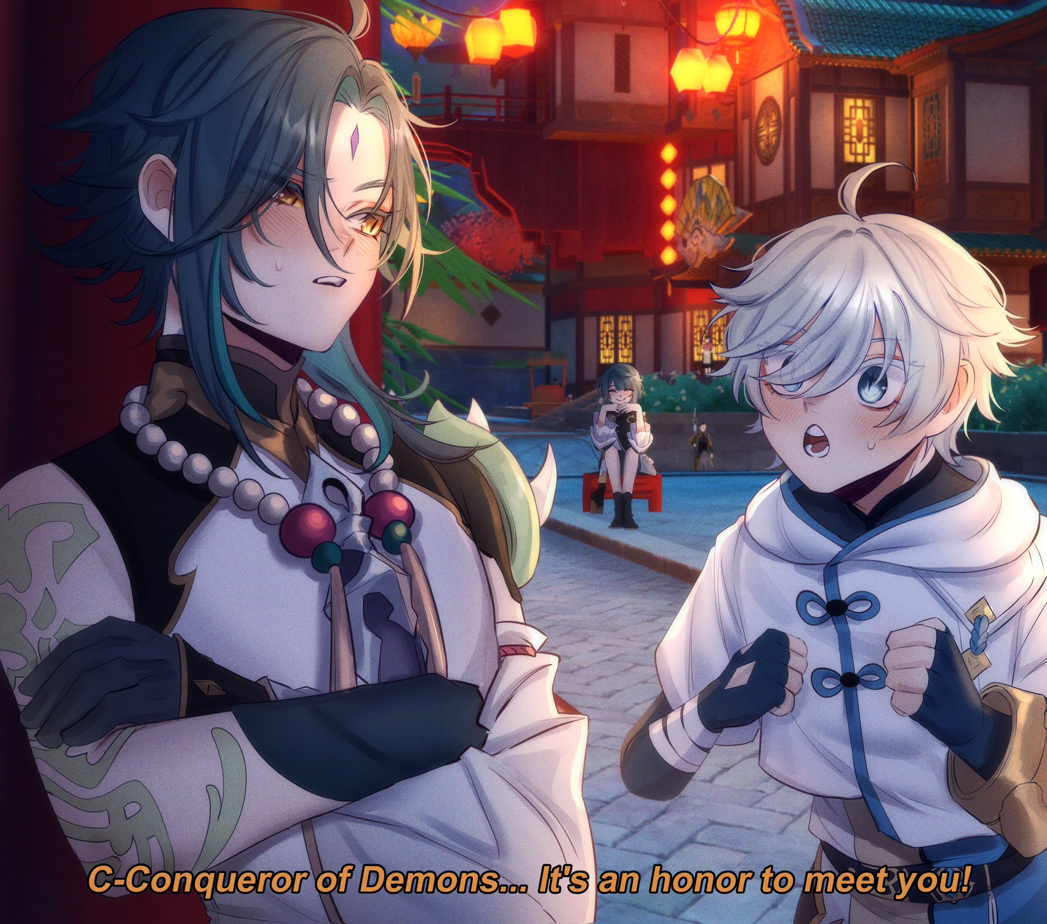 two young men, one with white hair and blue eyes and one with green hair and brown eyes, stand together on a street at night. they are both smiling and look to be having a conversation. the street is lit by lanterns and there are buildings and trees in the background. the two men are in an anime art style.