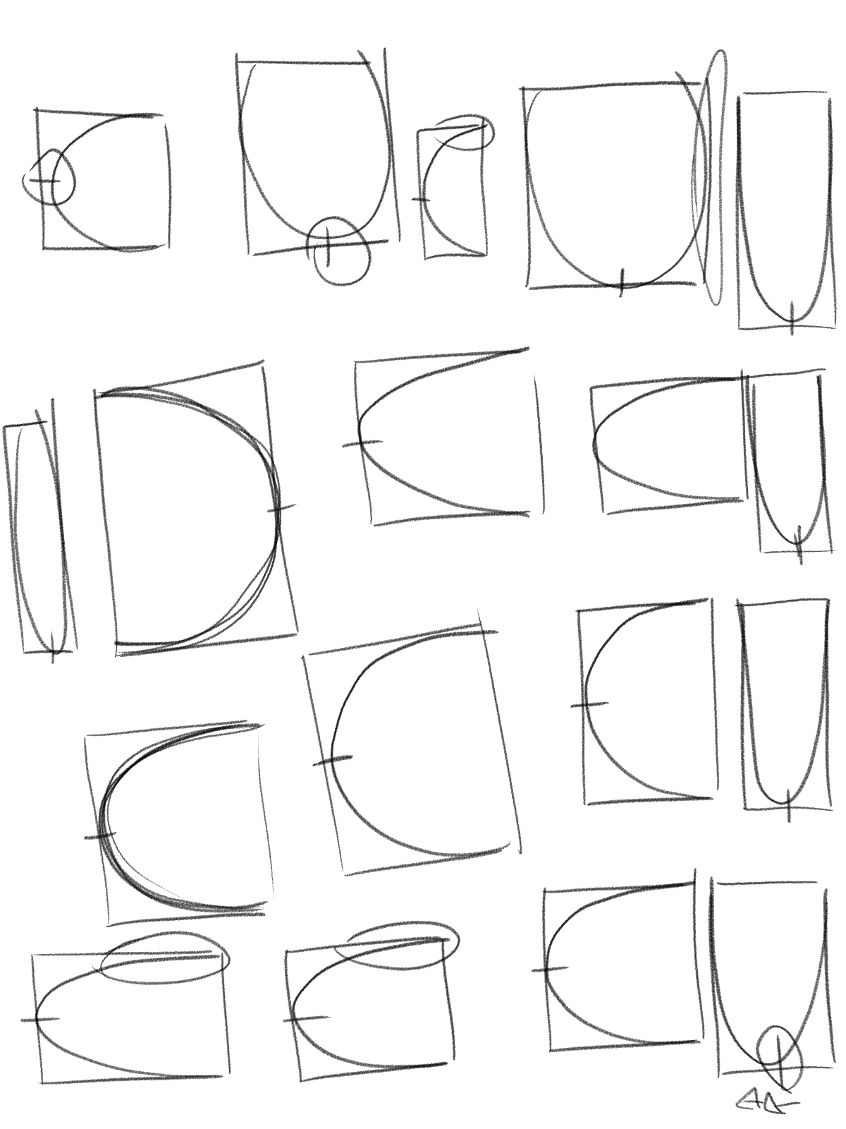 he image is a collection of handdrawn sketches featuring various geometric shapes. the sketches primarily consist of squares and rectangles, within which are inscribed different curved lines and circles, forming a variety of shapes and compositions.  some sketches are simple, while others are more complex, demonstrating explorations in form and shape. the style is rough and informal, typical of brainstorming or initial design work. the overall impression is one of exploration of geometric shapes and their combinations.