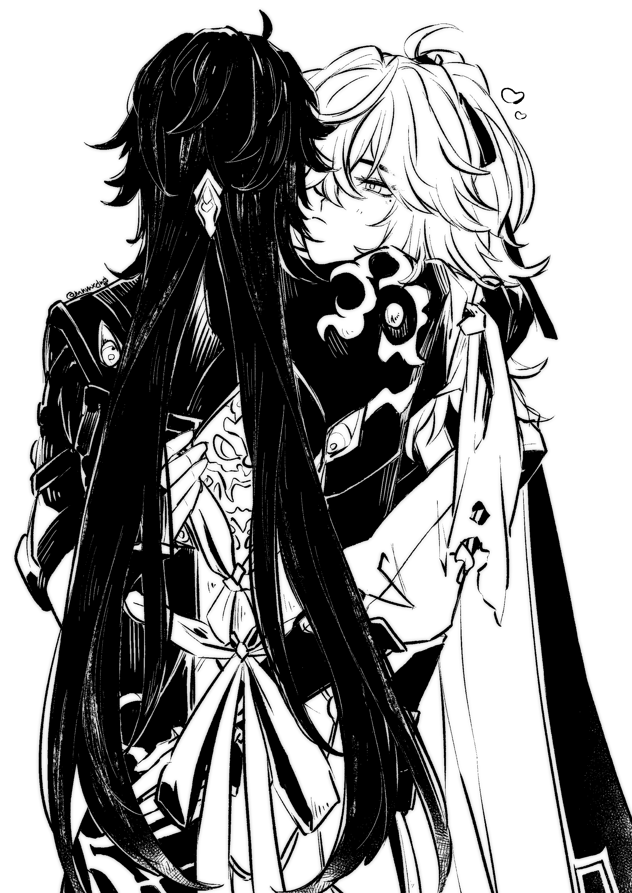 a black and white anime illustration of two young women hugging each other. the woman with long black hair is wearing a long dress with a bow around her waist and is looking into the eyes of the woman with short white hair who is wearing a dress and a cape. they appear to be in love and hugging each other tightly.
