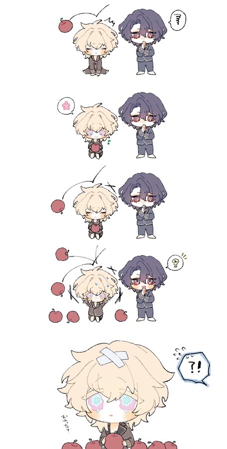 he image is a series of cartoon panels depicting two chibi characters, a boy with blonde hair and a boy with purple hair.  the panels show a sequence of events, starting with the blondehaired boy seemingly hit by an apple thrown by the purplehaired boy, then showing reactions and escalating events with more apples.  the final panel depicts the blondehaired boy with a bandage on his head, appearing hurt and surrounded by apples. the style is reminiscent of manga or anime, with a cute and slightly exaggerated aesthetic. the entire comic is lighthearted and suggests a playful interaction between the two characters.