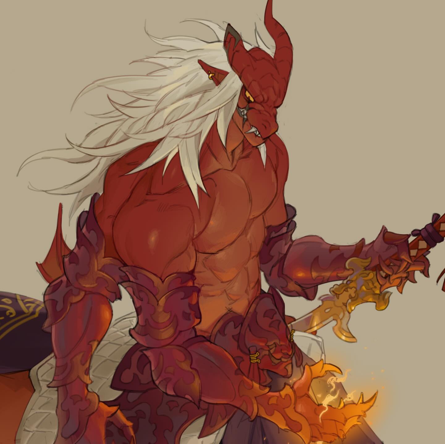 a muscular red demon warrior with long white hair and sharp horns holds a sword in his right hand and fiery claws in his left. he is wearing intricate armor with decorative designs. the demon warrior is depicted in a fierce and powerful pose with a menacing expression. the background is a pale beige color.