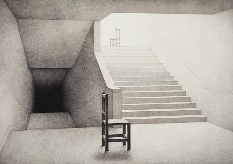 a monochrome drawing depicts an interior space with a complex architectural layout. a chair sits in the foreground, with a set of stairs leading upwards on the right and a dark, tunnellike opening on the left. another chair is visible at the top of the stairs in the distance. the image is characterized by strong lines, geometric shapes, and contrasts between light and shadow, creating a surreal and minimalist atmosphere.
