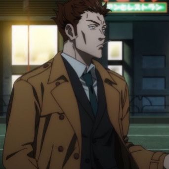 a closeup shot of an anime man with brown hair and a brown trench coat over a suit and tie. he has a cigarette hanging from his mouth and a serious expression.  the background suggests a city street at night.