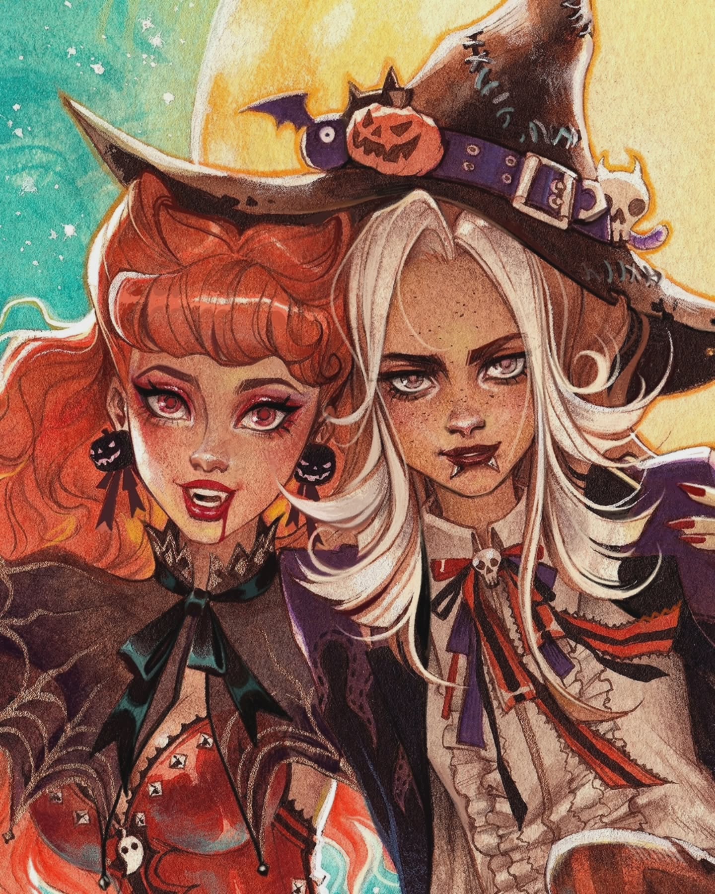 the image is a digital painting or illustration in a style reminiscent of watercolor, depicting two young women dressed as witches for halloween.  one has vibrant red hair styled in a vintage pinup fashion, while the other has long, flowing white hair.  they are both wearing elaborate, darkcolored witch costumes, complete with a large, shared witch hat decorated with a carved pumpkin, a bat, and skull motifs.  the overall style is gothicwhimsical, blending cute features with darker, spooky halloween elements. the background suggests a night sky with a full moon. the artwork is highly detailed, with attention to texture and shading evident in both the characters' clothing and hair.
