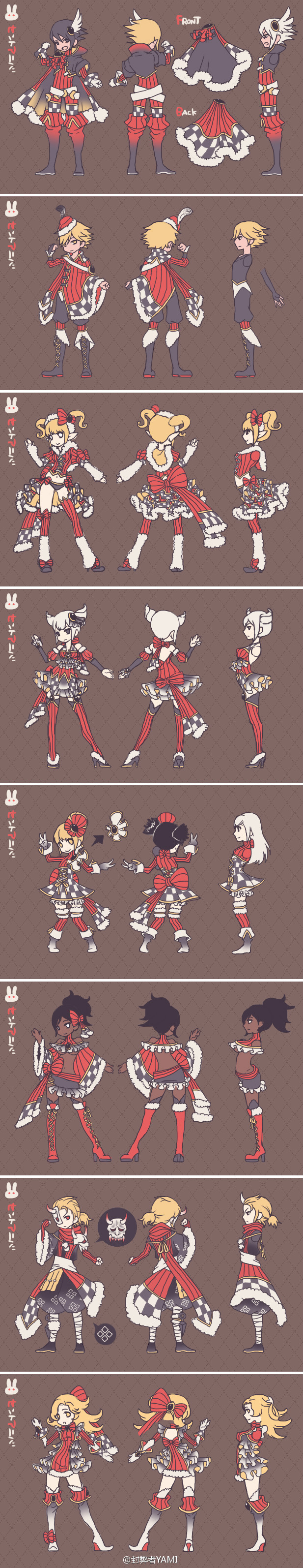 this image is a digital illustration of character designs. the image contains multiple characters with varying poses and outfits. the characters are all female and have a red, white, and black color scheme with variations in their clothes and accessories. the designs are detailed and stylized with a focus on cute and fashionable elements. the image is wellorganized and presented on a brown background.