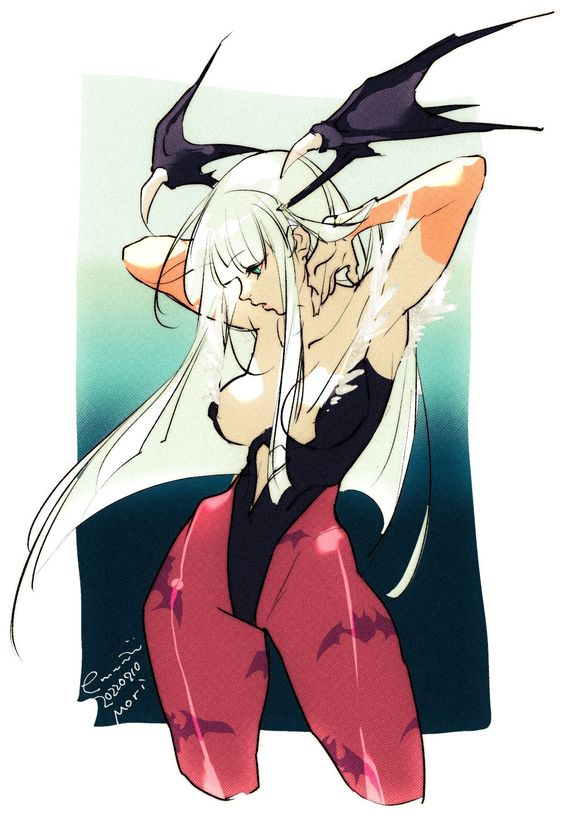 this is a digital illustration of a young woman with long white hair and blue eyes. she has wings made out of bat wings and is wearing a black and red outfit. her expression is serious and she is standing with her arms crossed. the background is a light blue and green gradient.