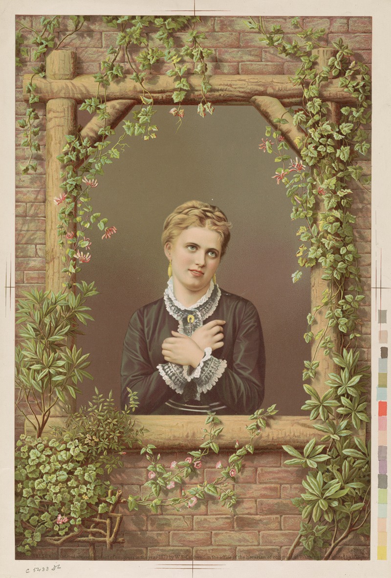an illustration shows a blond woman looking up and to the right, framed by a garden window. the window is made of bricks and wood, and is covered in ivy and flowering plants. the woman is wearing a dark dress with a white lace collar. she has her hands crossed in front of her chest.
