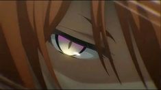 the image shows a closeup of an anime character's eye. the eye is brown with a pink iris and a yellow highlight. the character has brown hair and is looking to the left of the frame. the image has a soft lighting and is from a closeup perspective.