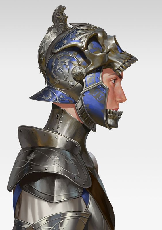 the image showcases a detailed profile view of a male character clad in ornate, silverblue armor. the focal point is the elaborate helmet featuring a stylized skull design with blue accents. the rest of the visible armor, including the gorget and pauldron, also boasts intricate engravings. the character, likely a knight or warrior, exudes an air of strength and nobility.
