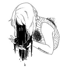 a black and white illustration of a person with short hair, their head bowed as if in distress. a stylized depiction of darkness, resembling ink or paint, flows from their mouth and pools in their hands.  this imagery is often used to symbolize inner turmoil, sadness, or mental health struggles.