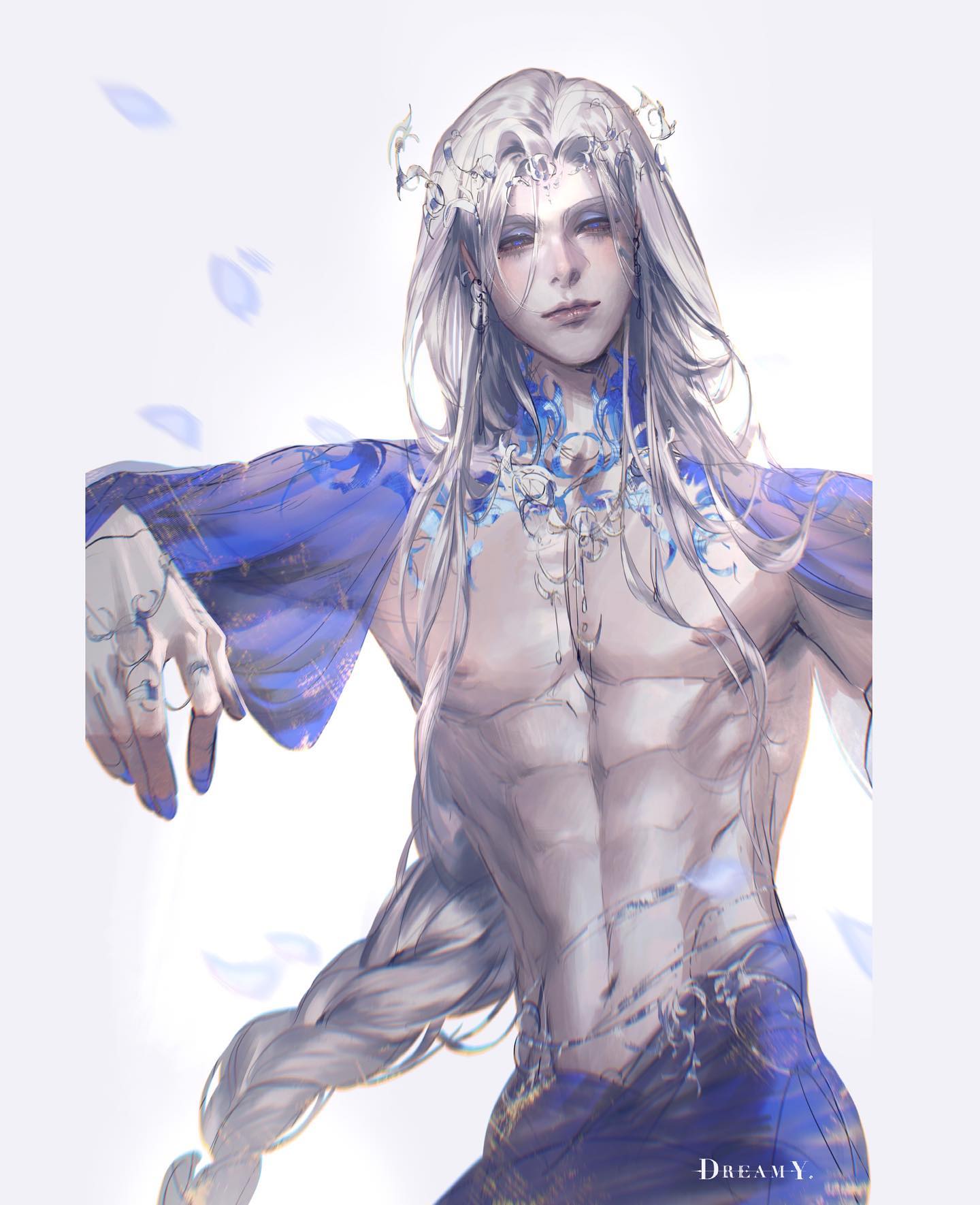 a digital illustration of an ethereallooking man with long white hair, pale skin, and delicate features. he is shirtless, with flowing blue fabric draped around his arms and waist. he wears a silver crown adorned with flowers and a matching necklace and earring. his expression is serene and alluring. the background is white, with scattered blue petals, creating a dreamy and whimsical atmosphere.