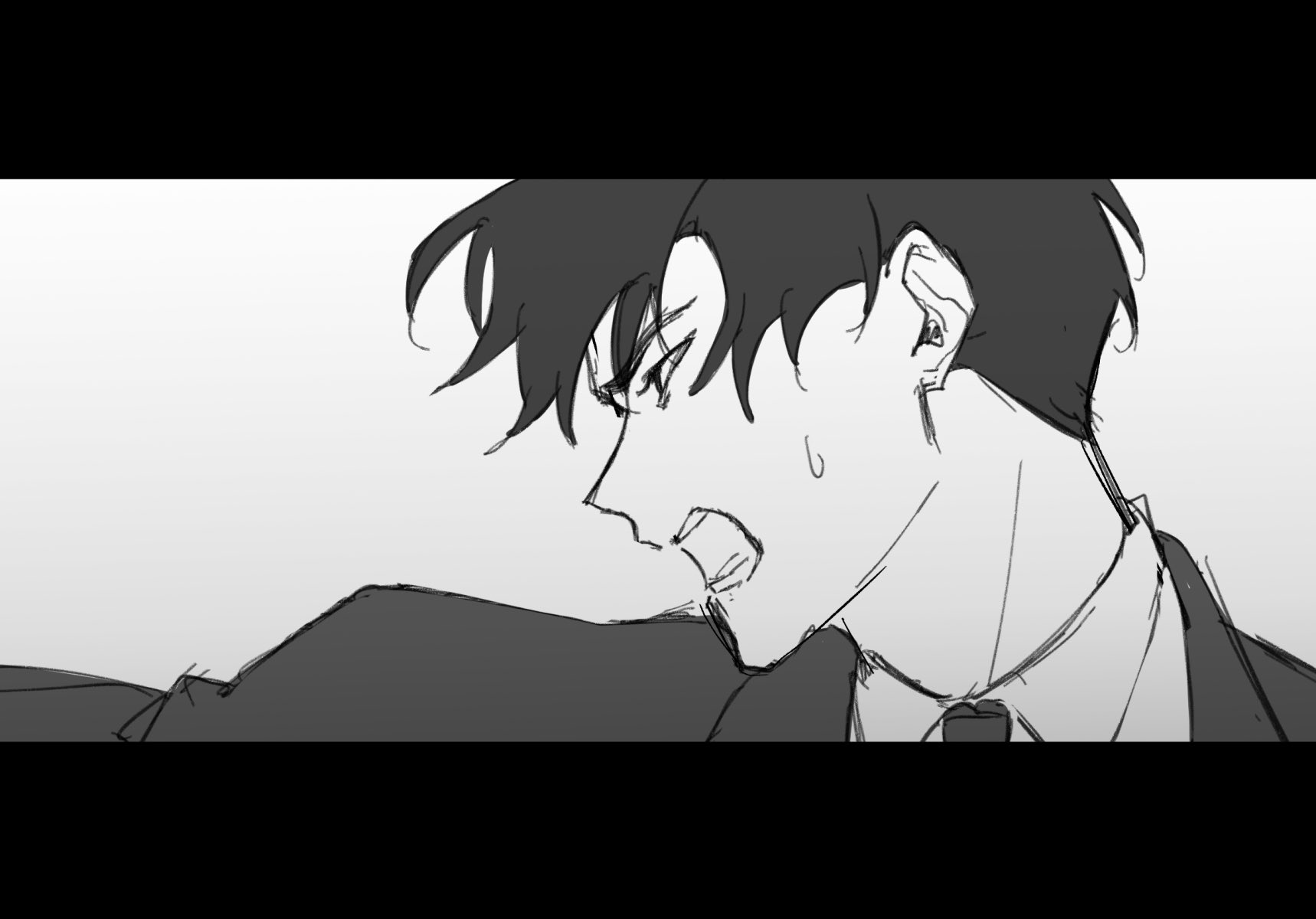 a black and white sketch of an anime male character. his face is contorted in an expression of anger and frustration. he has his jaw clenched and gritted teeth, and his eyes are narrowed. sweat is dripping from his face. his hair is dark and messy, and he is wearing a suit. he is looking to the side. the sketch is a rough draft, and the lines are not clean or detailed. the overall impression is one of intense frustration and anger.
