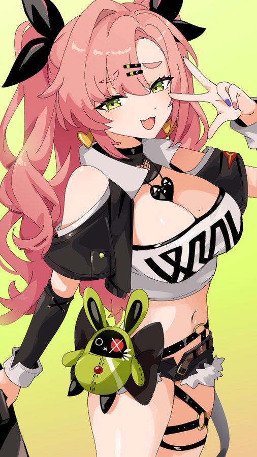 this is a digital illustration of an anime girl with pink hair and green eyes. she is wearing a black leather jacket, a white and black shirt, a black belt, and black thigh highs. she is holding up a peace sign with her right hand and has a green plush toy attached to her left hip.