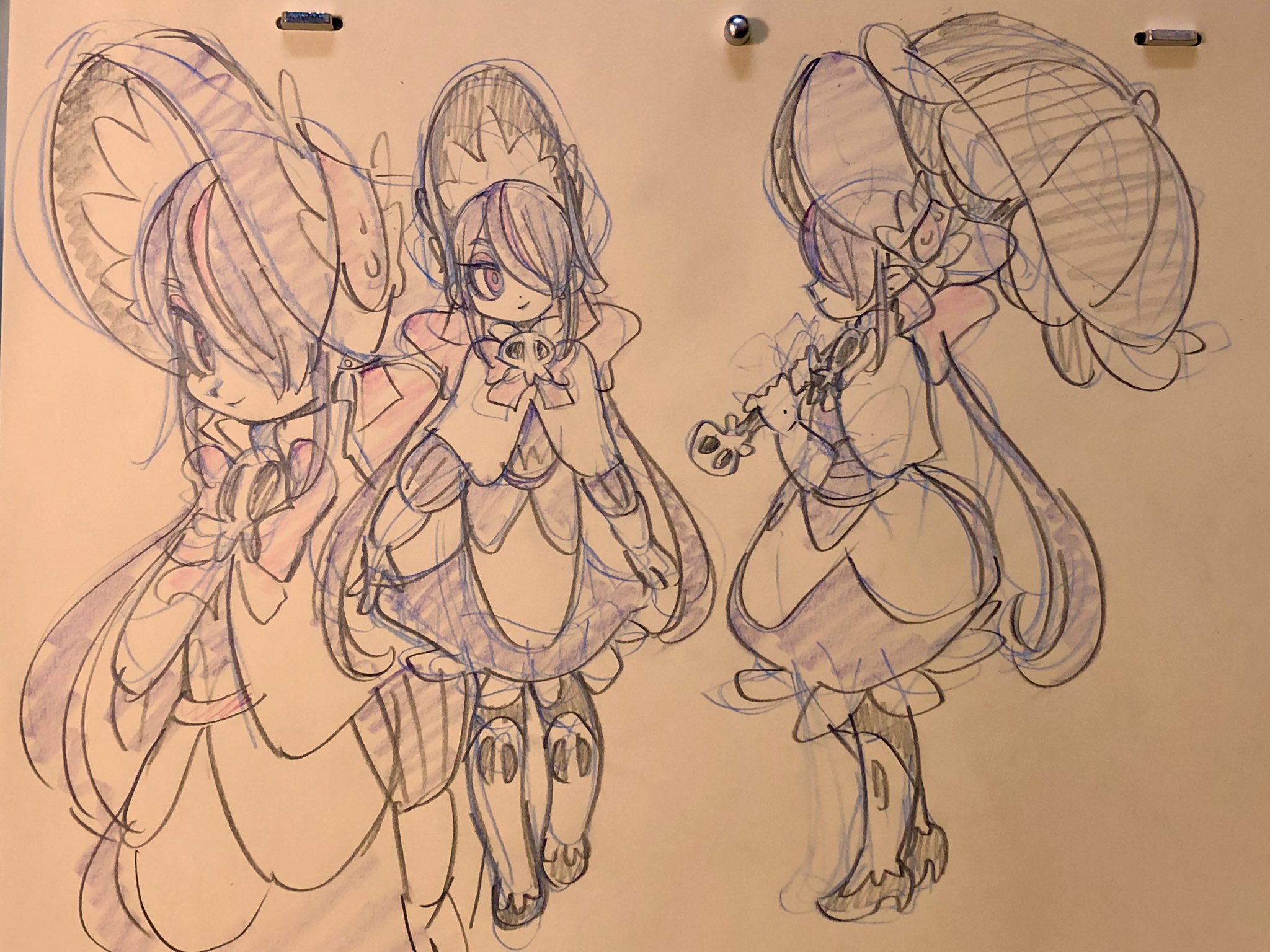 this image contains three pencil sketches of the same original character. she appears to be female,  young, and designed in a cute, anime art style. she is wearing a maid outfit, thighhigh socks, and platform shoes with some elements of gothic lolita fashion such as the large hat and key motif. she has horns or large hair ornaments that resemble horns.  in one sketch, she is holding an umbrella or parasol.