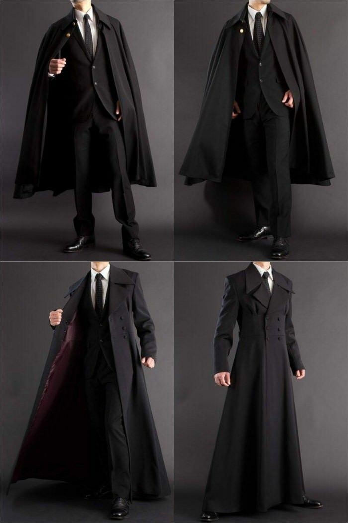 the image shows four variations of a formal black outfit, featuring a man wearing a suit with different types of outer garments. the top two panels show the man in a black suit with a black tie, topped with a black cape or cloak. the bottom left panel shows the man in the same suit, but this time wearing a long, black overcoat with a red lining. the bottom right panel shows the man wearing a long, black trench coatlike garment with buttonedup front. all outfits are completed with black dress shoes. the background is a plain, dark gray.