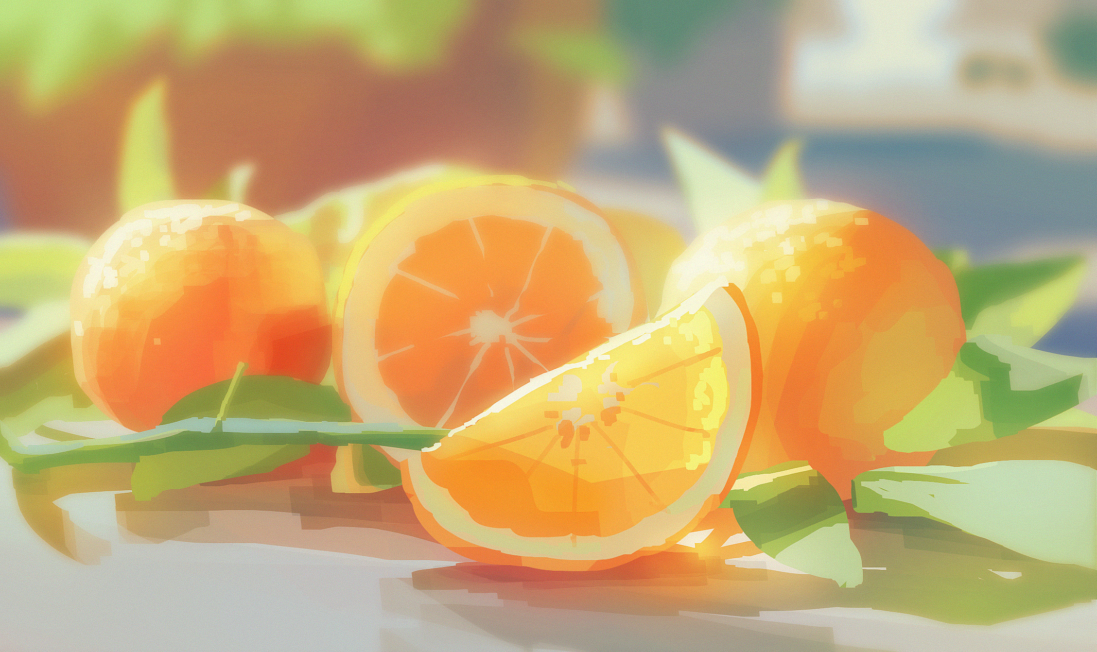a still life image featuring several oranges, including a sliced orange and an orange slice, surrounded by green leaves. the colors are vibrant and the composition is focused on the arrangement of the fruit.