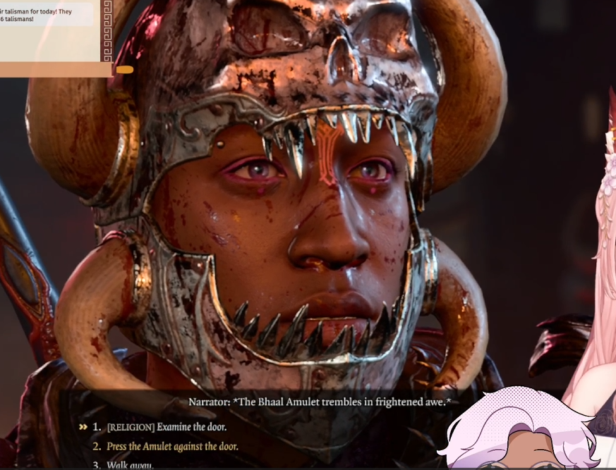 a closeup screenshot of a darkskinned man with glowing purple eyes, wearing a horned helmet and armor. he appears to be a character in a video game, as indicated by the dialogue box at the bottom of the image, which offers the player three options. the narrator states, "the bhaal amulet trembles in frightened awe," suggesting that the character is experiencing fear or reverence. the overall aesthetic of the image suggests a dark fantasy setting.