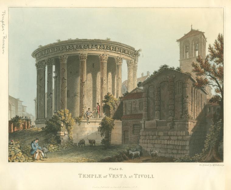 this is an architectural illustration depicting the temple of vesta in tivoli, italy. the temple is a circular structure with corinthian columns and is shown with people on its platform. beside the temple stands a stone building with a tower in the background. there are livestock grazing in the foreground and trees and vegetation throughout the scene. the illustration has text at the bottom indicating that it is plate 6 and identifies the temple of vesta at tivoli.