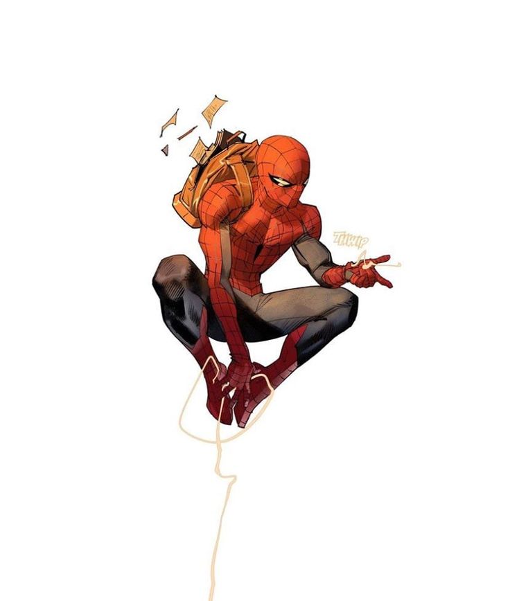 this is an illustration of spiderman from a comic book. he is dressed in his classic red and blue suit and swinging through the air. he is wearing a backpack and has web shooters in his hands. he is a popular superhero in the marvel universe.