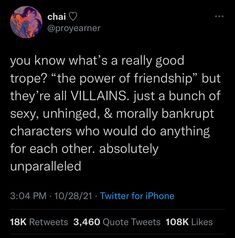 a tweet about how "the power of friendship" trope is a really good trope when applied to villains.