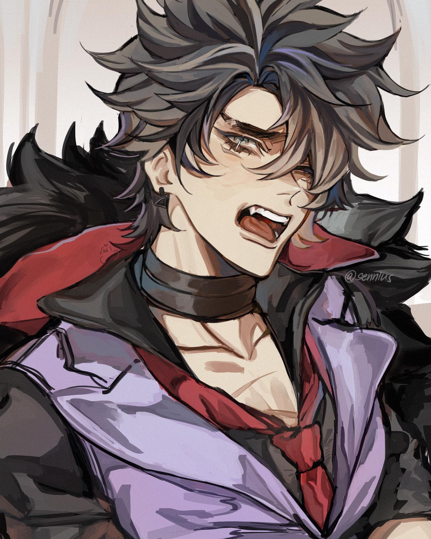 the image is a digital painting or fanart depicting a young animestyle male character. he has dark, messy hair and is shown from the chest up in a closeup shot.  his expression is highly emotive; he appears angry or shouting, his mouth open and eyes wide with intensity. he wears a dark jacket with a purple undergarment and a red tie, and a dark choker is visible around his neck.  the style is stylized and detailed, with dramatic lighting and shading contributing to the intense mood. the background is blurred and indistinct, focusing attention on the character's dramatic expression.