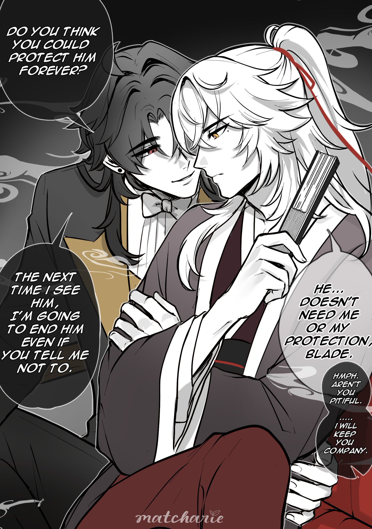 this is a manga style illustration of two male characters in a close intimate pose. the character on the left is wearing a suit and has black hair. he is holding the character on the right's arm. the character on the