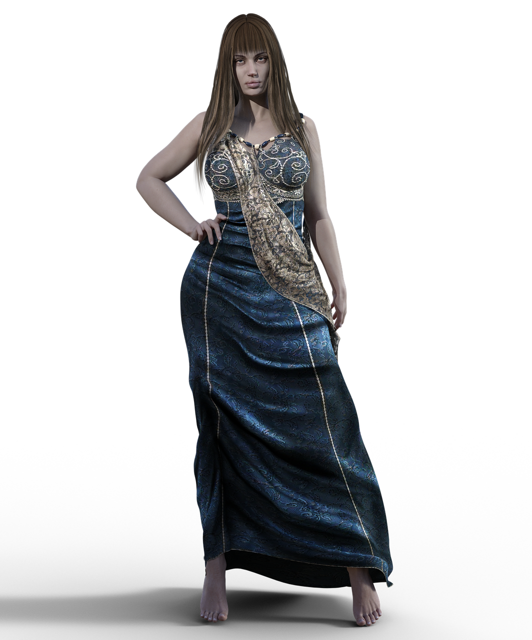 a digital art image of a woman with long brown hair and bangs, wearing a long, flowing blue dress with gold accents, is standing barefoot against a black background. she has one hand on her hip and is looking at the viewer. the dress has intricate patterns and a gold sash draped across the front.