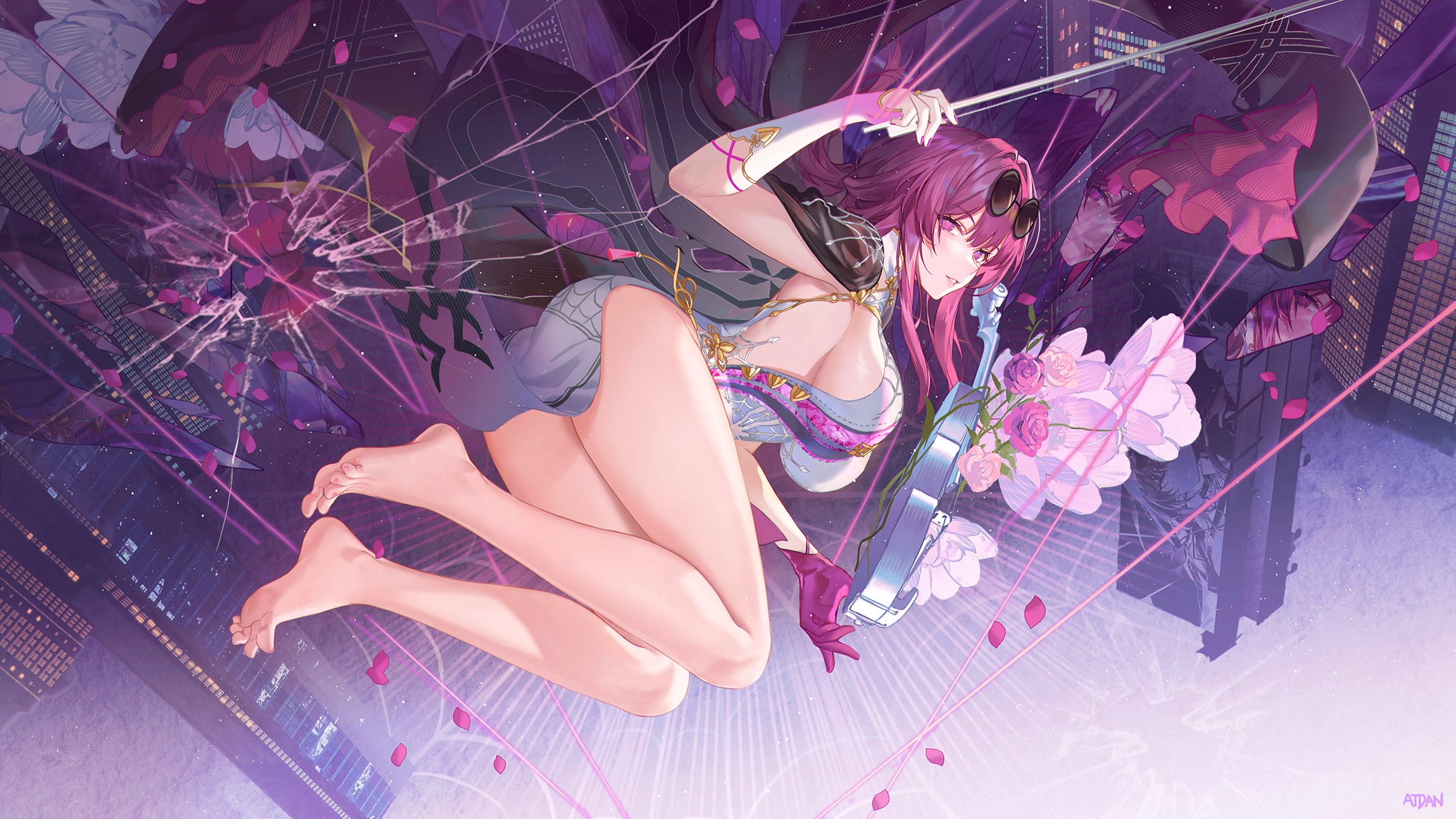 the image is a vibrant digital illustration of a young anime woman with long pink hair. she's dressed in a stylish, partially sheer, purple and gray dress that reveals some skin. she's lying down on a surface that appears to be cracked glass.  she holds a violin and bow, and a bouquet of pink peonies and roses rests near her.  the background is a blurred and stylized cityscape at night, with streaks of pink light crisscrossing the scene, creating a dramatic and ethereal atmosphere. the overall style is artistic and suggestive of fantasy or a magical setting. the artist's signature "atjan" is visible in the bottom right corner.