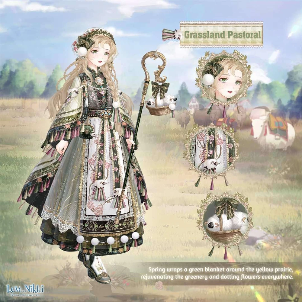 the image showcases a female anime character in a pastoralthemed outfit. she stands on a path against a backdrop of a green grassland with trees and houses in the distance. the character wears a long white dress with intricate embroidery featuring sheep and floral motifs. her attire includes a green shawl, a white bonnet with sheep decorations, and brown boots. she holds a shepherd's crook adorned with a basket containing a white lamb. the overall style evokes a springtime countryside aesthetic with a focus on natural elements and soft, earthy tones.