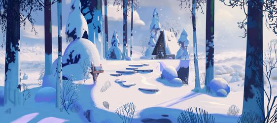 a snowy landscape with a small cabin nestled amongst snowcovered trees. there is a path leading to the cabin made of stone slabs. a person can be seen walking towards the cabin, pulling a sled. the scene is bathed in soft, natural light, creating a sense of peace and tranquility.