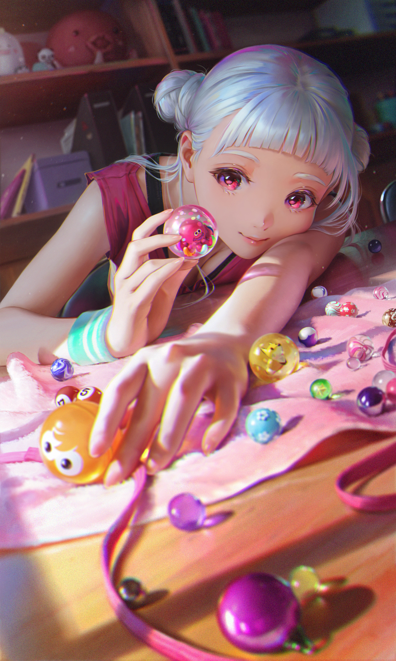 the image depicts a charming anime girl with white hair styled in two buns. she's dressed in a pastel pink and white outfit and is surrounded by a variety of colorful toys and marbles on a wooden table. the overall aesthetic is kawaii, pasteltoned, and playful, emphasizing a magical girllike feel. the background features bookshelves filled with books, providing context to her setting.  the girl's expression is happy and content as she interacts with her toys. the digital art is vibrant and detailed, with soft lighting and a focus on the cute details of the scene.