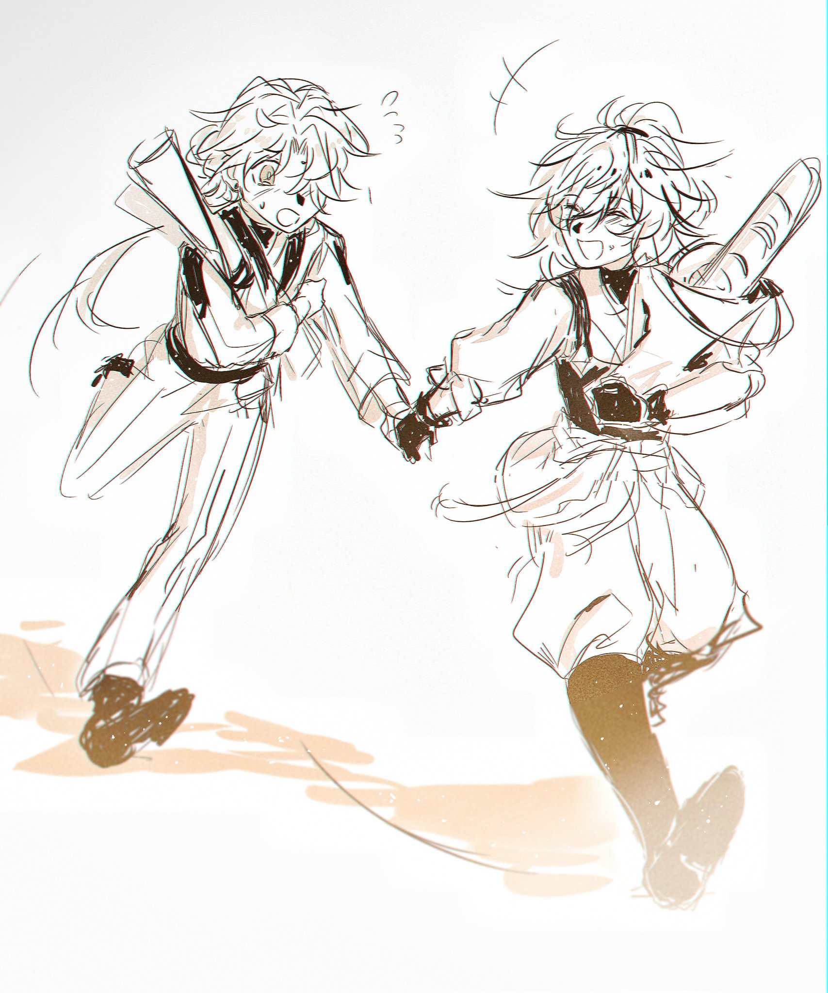 a sketch of two animestyle characters, a boy and a girl, running side by side with their hands clasped together. both are smiling and the girl is holding a weapon behind her back. their lines are done in black with some brown highlighting. there are a few random marks on the page. the drawing is on a white background.