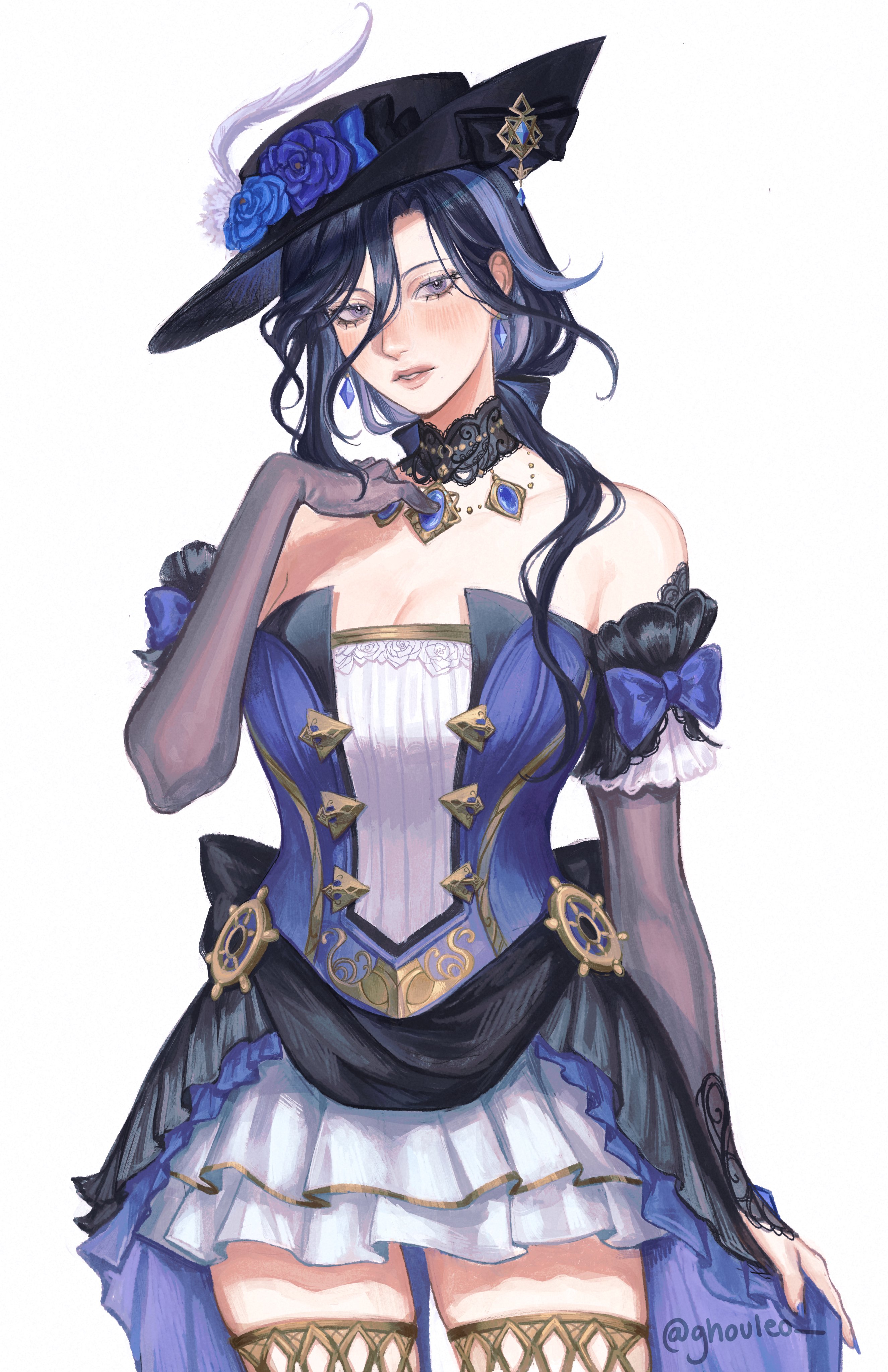 a digitally drawn illustration of a young woman with long black hair and blue eyes wearing a blue and white dress, a black hat with blue flowers, black gloves, and a blue and gold necklace. she is looking directly at the viewer with a slightly bored expression on her face. the art style is anime or manga inspired, with a focus on detail and the use of vibrant colors.